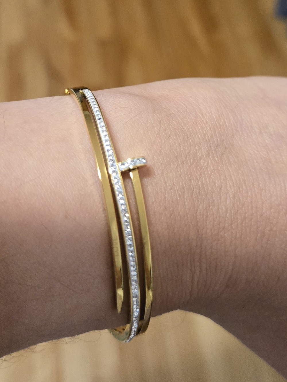 Stainless Steel Gold T-Bar Crystal Accent Bangle Bracelet